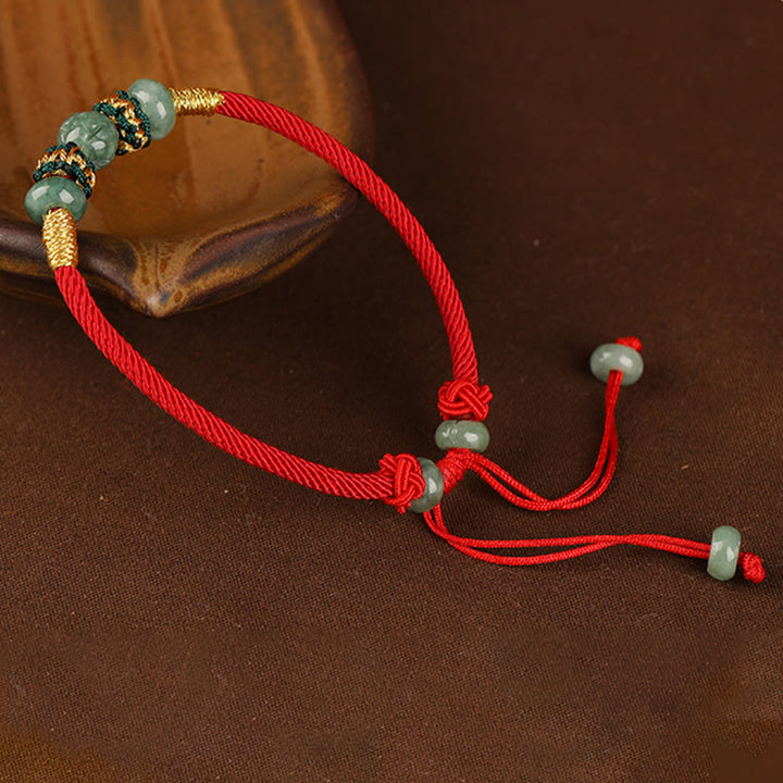 Buddha Stones翡翠そろばんビーズ繁栄の赤い紐ロープブレスレット