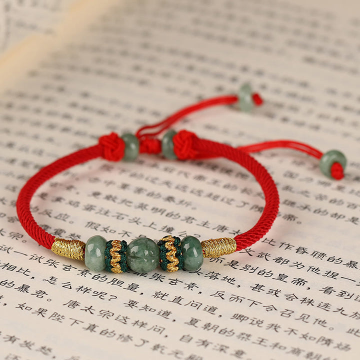Buddha Stones翡翠そろばんビーズ繁栄の赤い紐ロープブレスレット