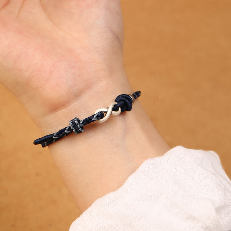 Buddha Stonesハンドメイド999スターリングシルバーエンドレスノットインフィニティシンボル幸運ロープブレスレット