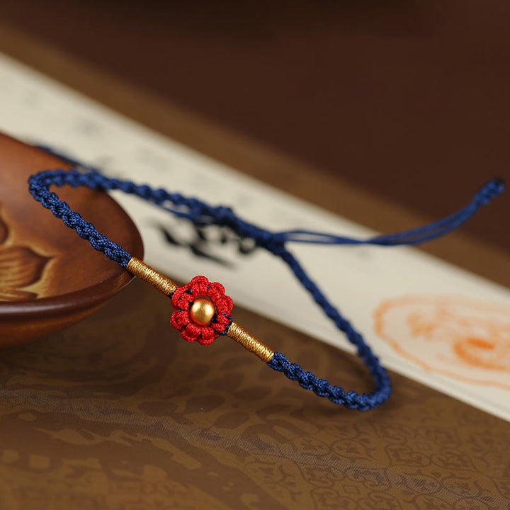 Buddha Stones999ゴールドミニビーズ ハンドメイドフラワーデザイン 幸運の守護ロープブレスレット