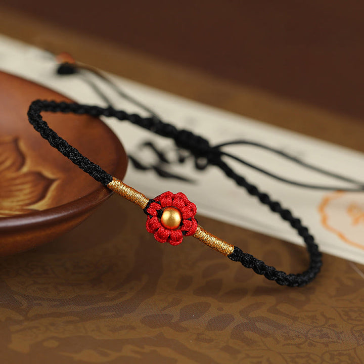 Buddha Stones999ゴールドミニビーズ ハンドメイドフラワーデザイン 幸運の守護ロープブレスレット
