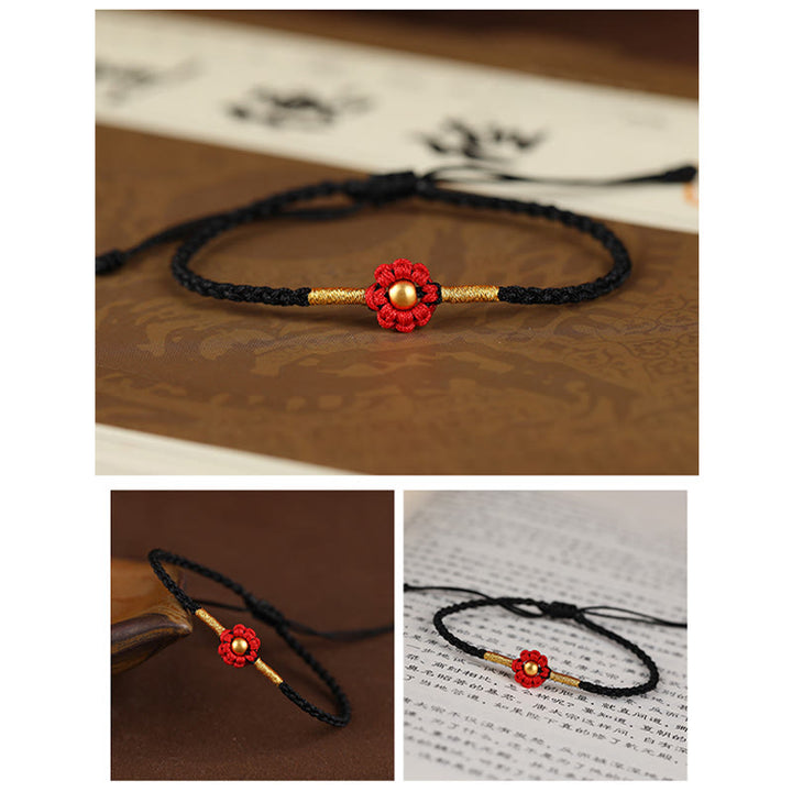 Buddha Stones999ゴールドミニビーズ ハンドメイドフラワーデザイン 幸運の守護ロープブレスレット