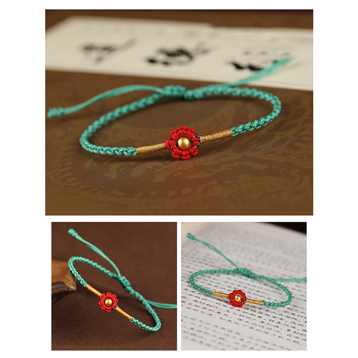 Buddha Stones999ゴールドミニビーズ ハンドメイドフラワーデザイン 幸運の守護ロープブレスレット