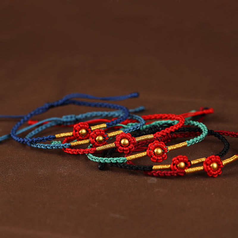Buddha Stones999ゴールドミニビーズ ハンドメイドフラワーデザイン 幸運の守護ロープブレスレット - image 1
