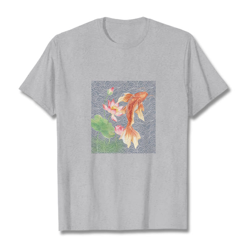 Buddha Stones、鯉、蓮の組み合わせコットンTシャツ - ライトグレー - 2XL - image 12