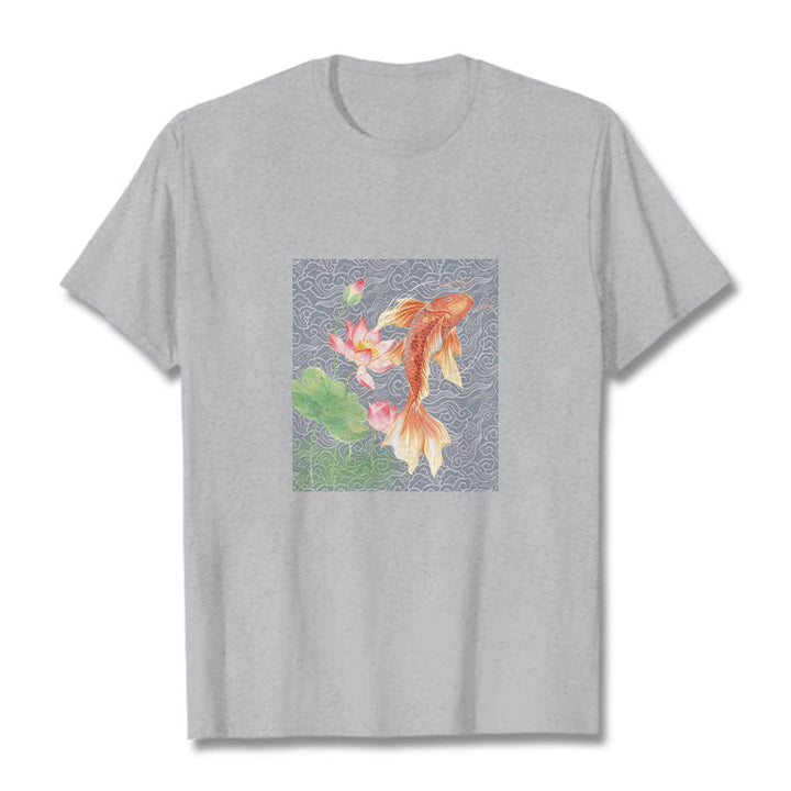 Buddha Stones、鯉、蓮の組み合わせコットンTシャツ - ライトグレー - 2XL - image 12