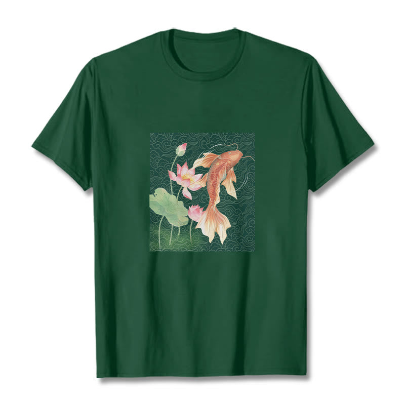 Buddha Stones、鯉、蓮の組み合わせコットンTシャツ - フォレストグリーン - 2XL - image 9