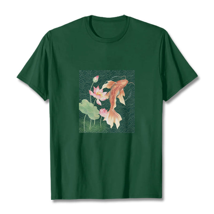 Buddha Stones、鯉、蓮の組み合わせコットンTシャツ - フォレストグリーン - 2XL - image 9