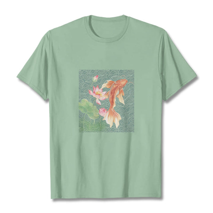 Buddha Stones、鯉、蓮の組み合わせコットンTシャツ - 淡い緑色 - 2XL - image 14