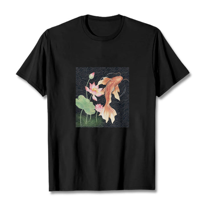 Buddha Stones、鯉、蓮の組み合わせコットンTシャツ - 黒 - 2XL - image 5