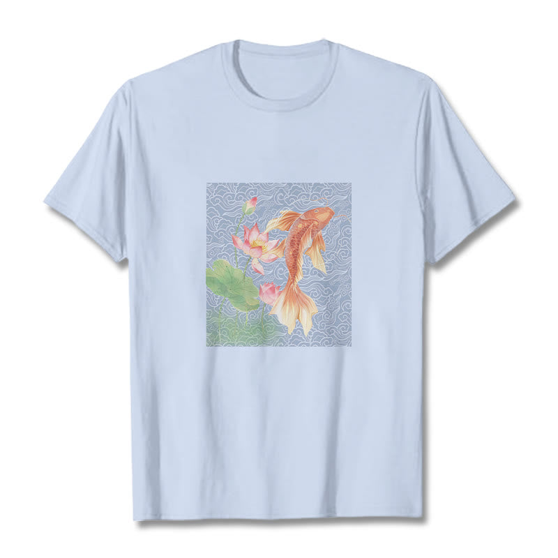 Buddha Stones、鯉、蓮の組み合わせコットンTシャツ - ライトシアン - 2XL - image 1
