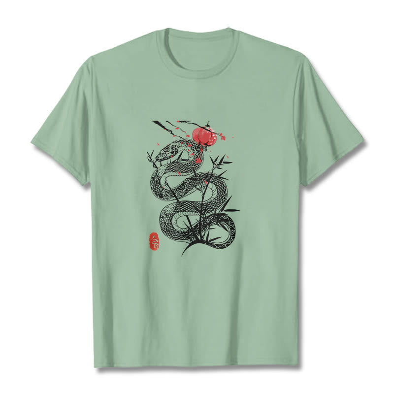 Buddha Stones、ランタン、竹の葉、蛇のデザインコットンTシャツ - 淡い緑色 - 2XL - image 14