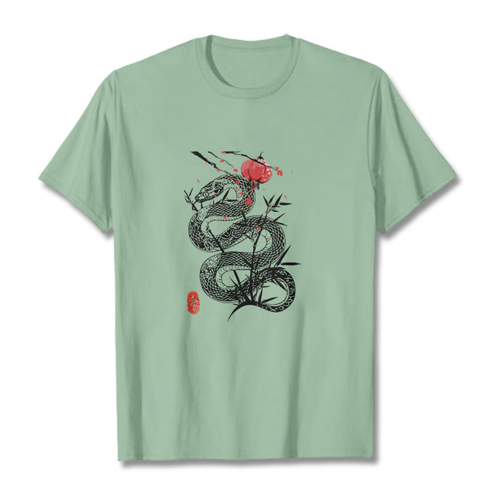 Buddha Stones、ランタン、竹の葉、蛇のデザインコットンTシャツ - 淡い緑色 - 2XL - image 14