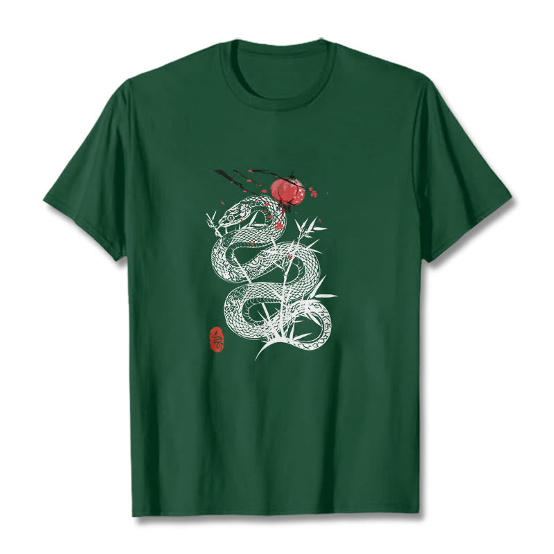 Buddha Stones、ランタン、竹の葉、蛇のデザインコットンTシャツ - フォレストグリーン - 2XL - image 9