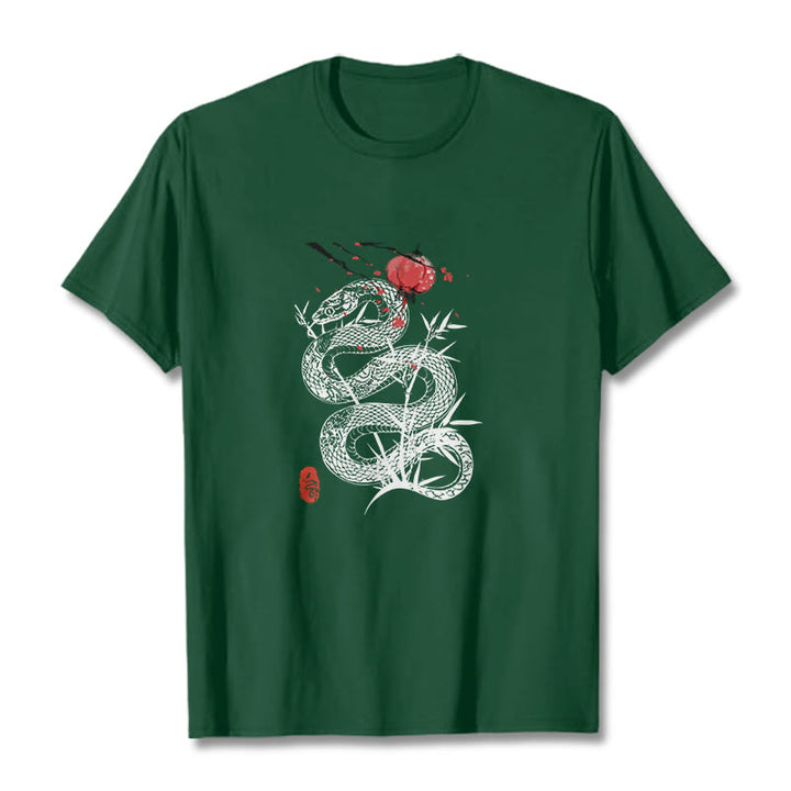 Buddha Stones、ランタン、竹の葉、蛇のデザインコットンTシャツ - フォレストグリーン - 2XL - image 9