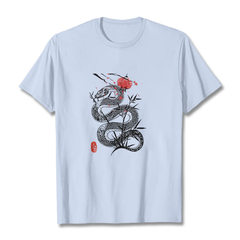 Buddha Stones、ランタン、竹の葉、蛇のデザインコットンTシャツ - ライトシアン - 2XL - image 5