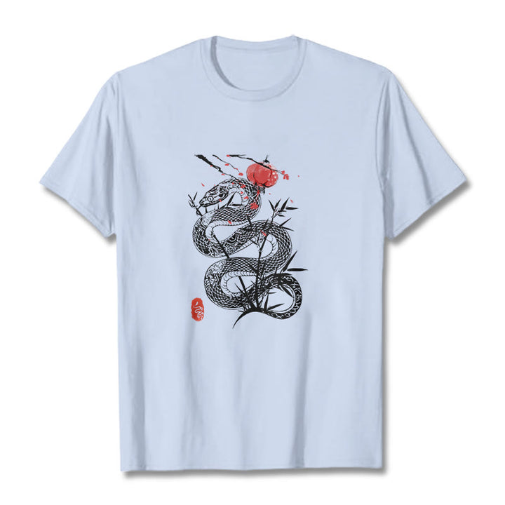 Buddha Stones、ランタン、竹の葉、蛇のデザインコットンTシャツ - ライトシアン - 2XL - image 5
