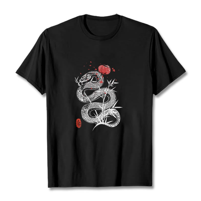 Buddha Stones、ランタン、竹の葉、蛇のデザインコットンTシャツ - 黒 - 2XL - image 0