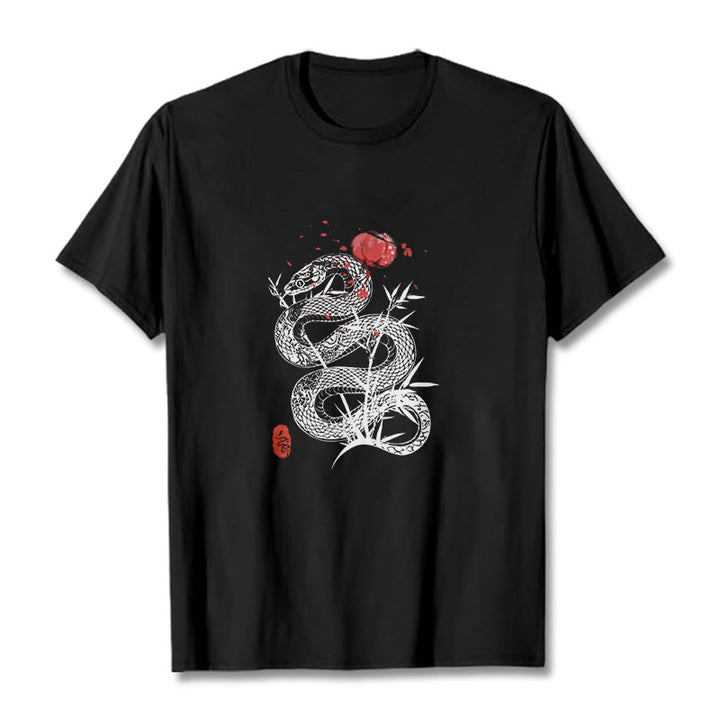 Buddha Stones、ランタン、竹の葉、蛇のデザインコットンTシャツ - 黒 - 2XL - image 0