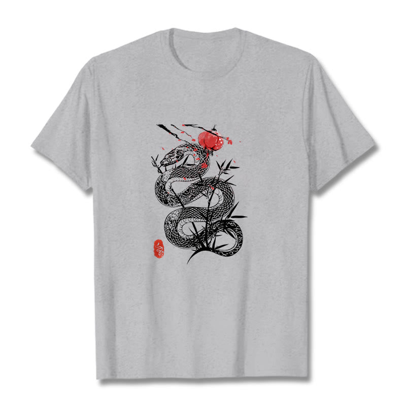 Buddha Stones、ランタン、竹の葉、蛇のデザインコットンTシャツ - ライトグレー - 2XL - image 12