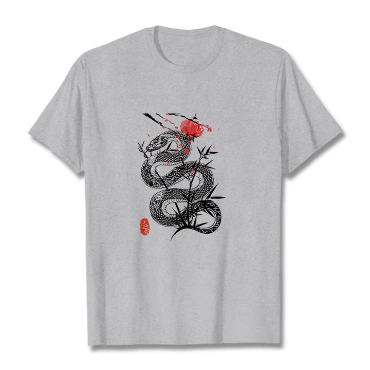 Buddha Stones、ランタン、竹の葉、蛇のデザインコットンTシャツ - ライトグレー - 2XL - image 12