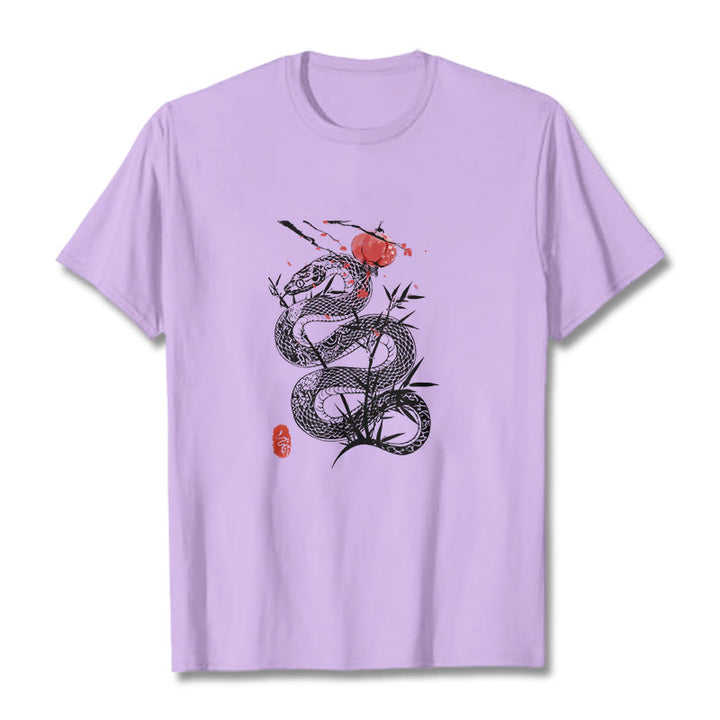 Buddha Stones、ランタン、竹の葉、蛇のデザインコットンTシャツ - 梅 - 2XL - image 16