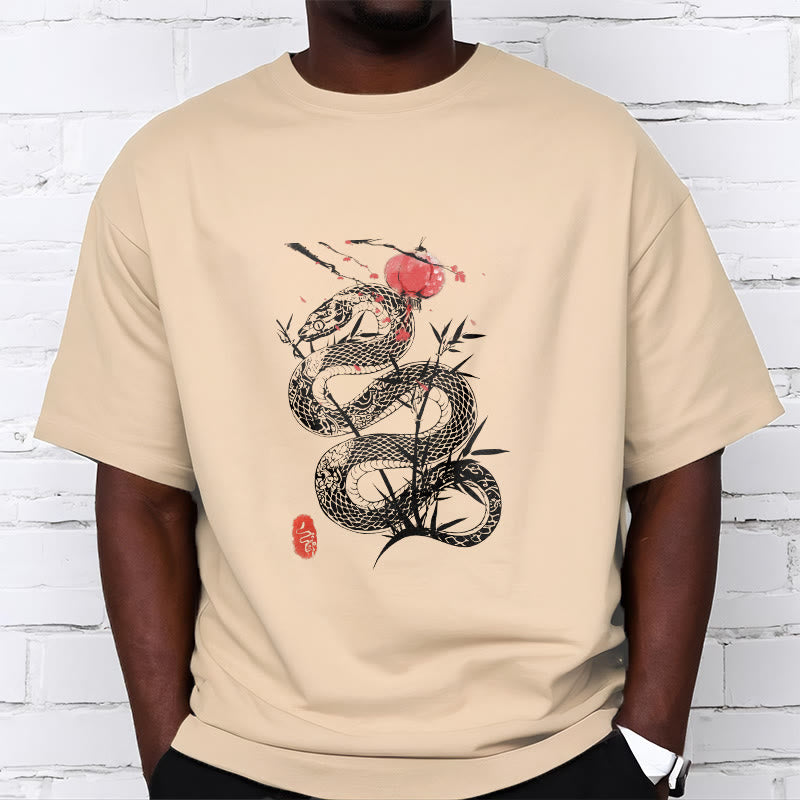 Buddha Stones、ランタン、竹の葉、蛇のデザインコットンTシャツ - image 14