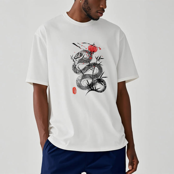 Buddha Stones、ランタン、竹の葉、蛇のデザインコットンTシャツ - 白 - 2XL - image 7