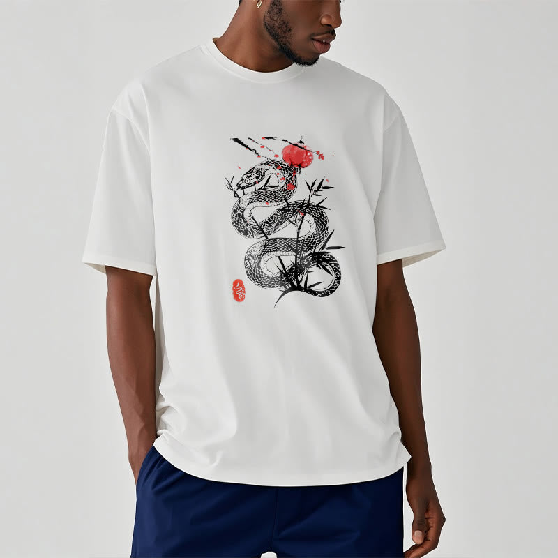 Buddha Stones、ランタン、竹の葉、蛇のデザインコットンTシャツ - 白 - 2XL - image 8
