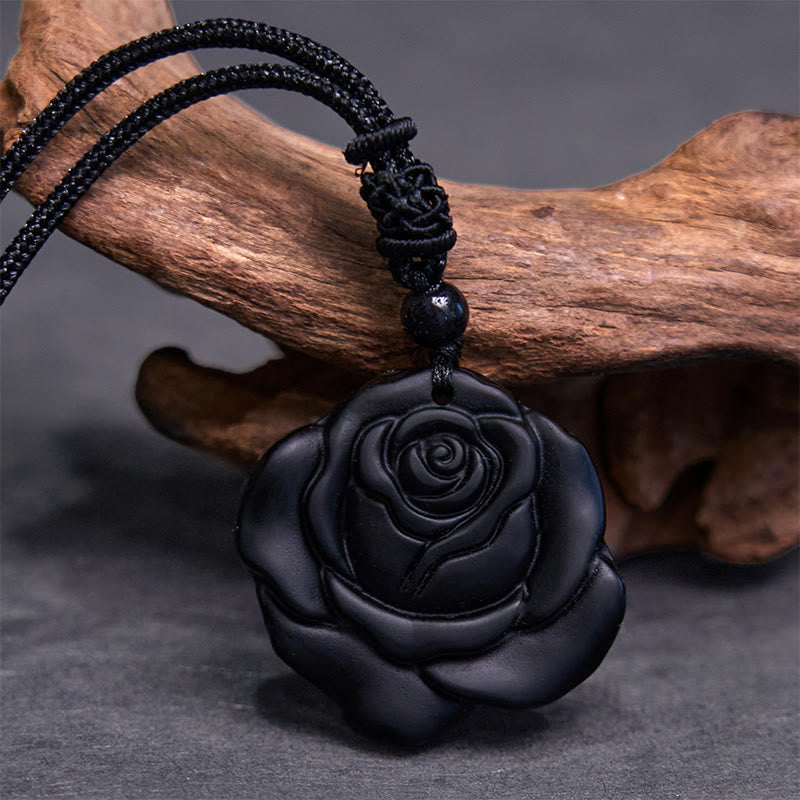 Buddha Stones黒曜石 紐 ブラックローズ 浄化ネックレス ペンダント