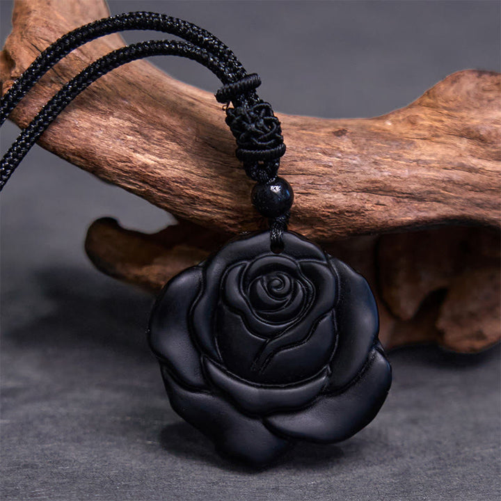 Buddha Stones黒曜石 紐 ブラックローズ 浄化ネックレス ペンダント