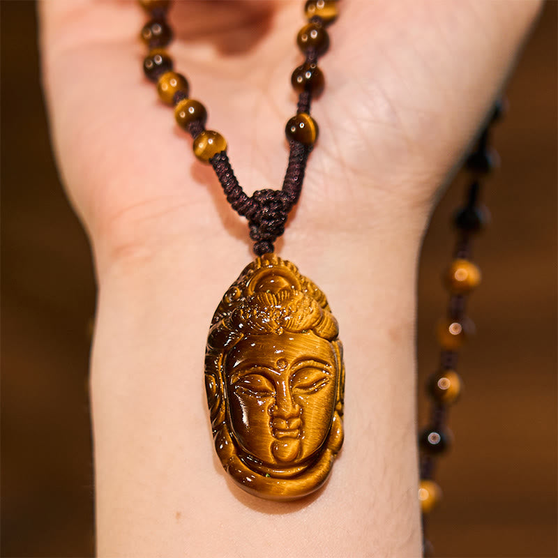 Buddha Stonesタイガーアイ 観音菩薩 頭 紐 強さ ネックレス ペンダント