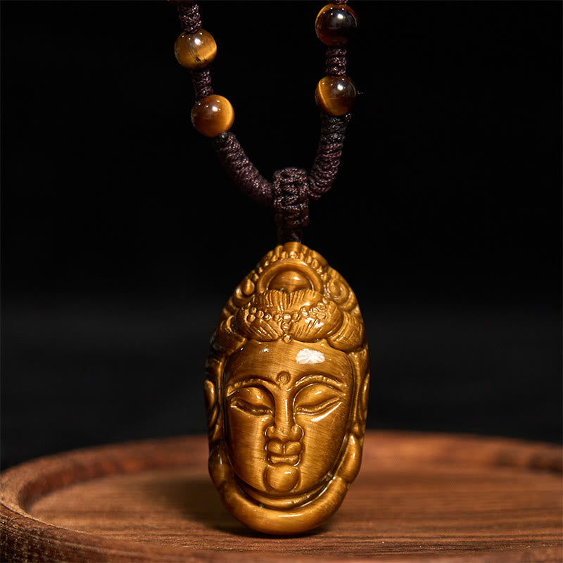Buddha Stonesタイガーアイ 観音菩薩 頭 紐 強さ ネックレス ペンダント