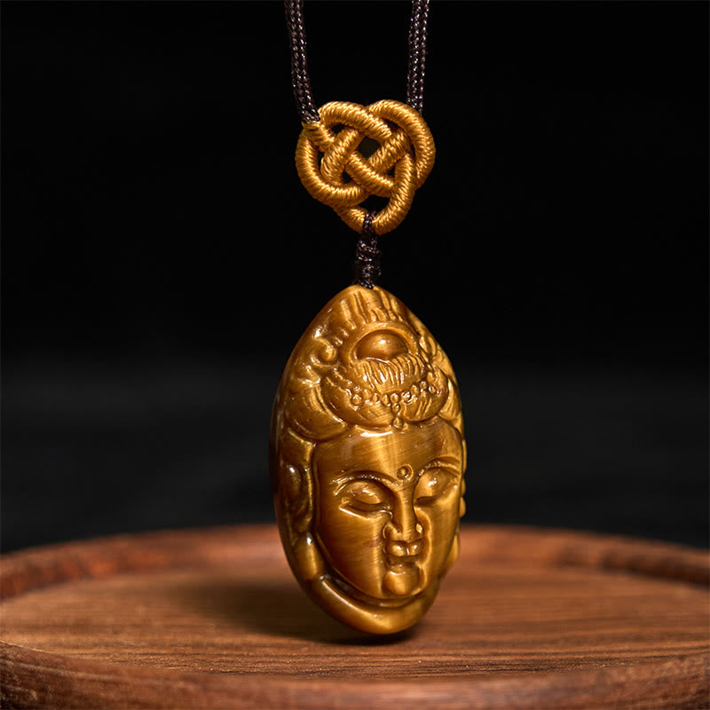 Buddha Stonesタイガーアイ 観音菩薩 頭 紐 強さ ネックレス ペンダント