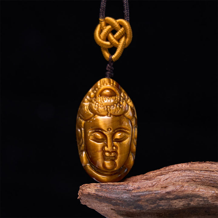 Buddha Stonesタイガーアイ 観音菩薩 頭 紐 強さ ネックレス ペンダント