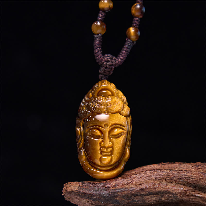 Buddha Stonesタイガーアイ 観音菩薩 頭 紐 強さ ネックレス ペンダント