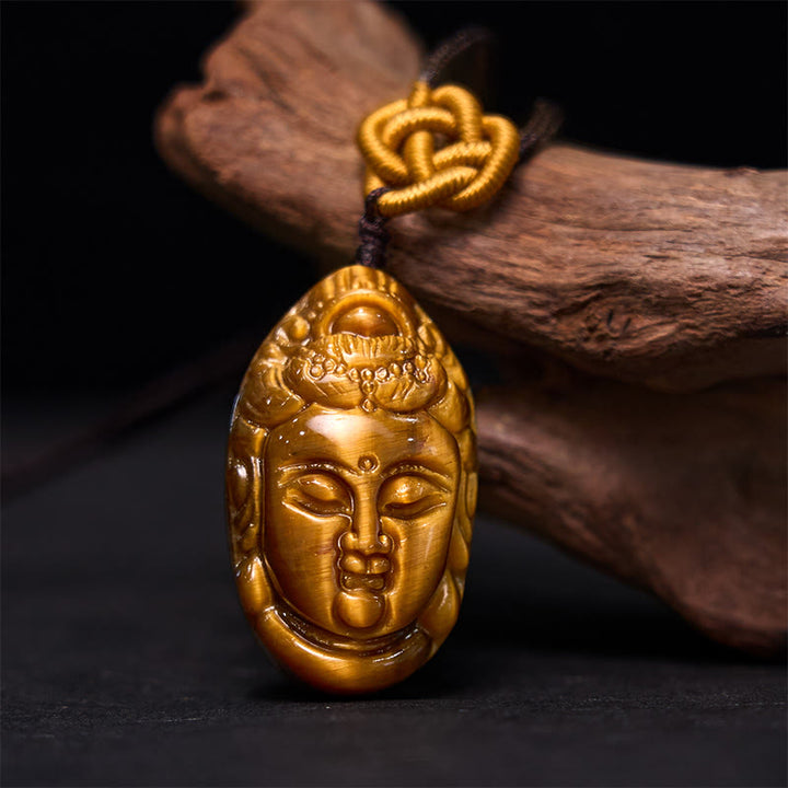 Buddha Stonesタイガーアイ 観音菩薩 頭 紐 強さ ネックレス ペンダント