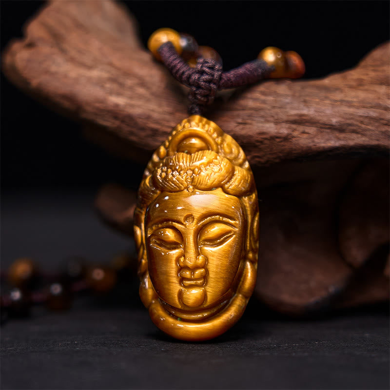 Buddha Stonesタイガーアイ 観音菩薩 頭 紐 強さ ネックレス ペンダント