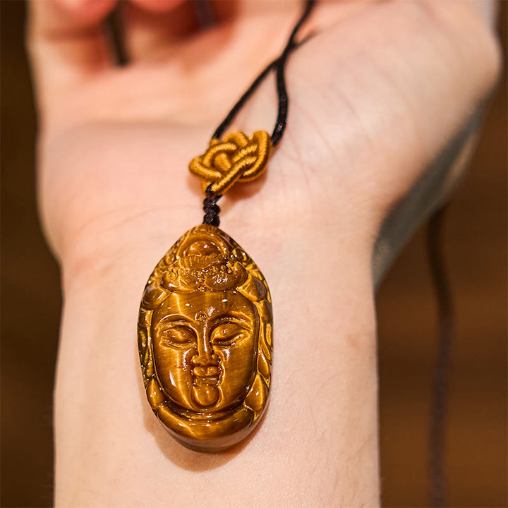 Buddha Stonesタイガーアイ 観音菩薩 頭 紐 強さ ネックレス ペンダント