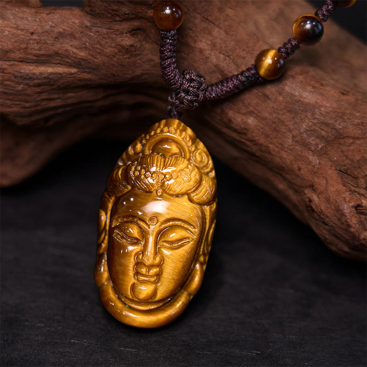 Buddha Stonesタイガーアイ 観音菩薩 頭 紐 強さ ネックレス ペンダント