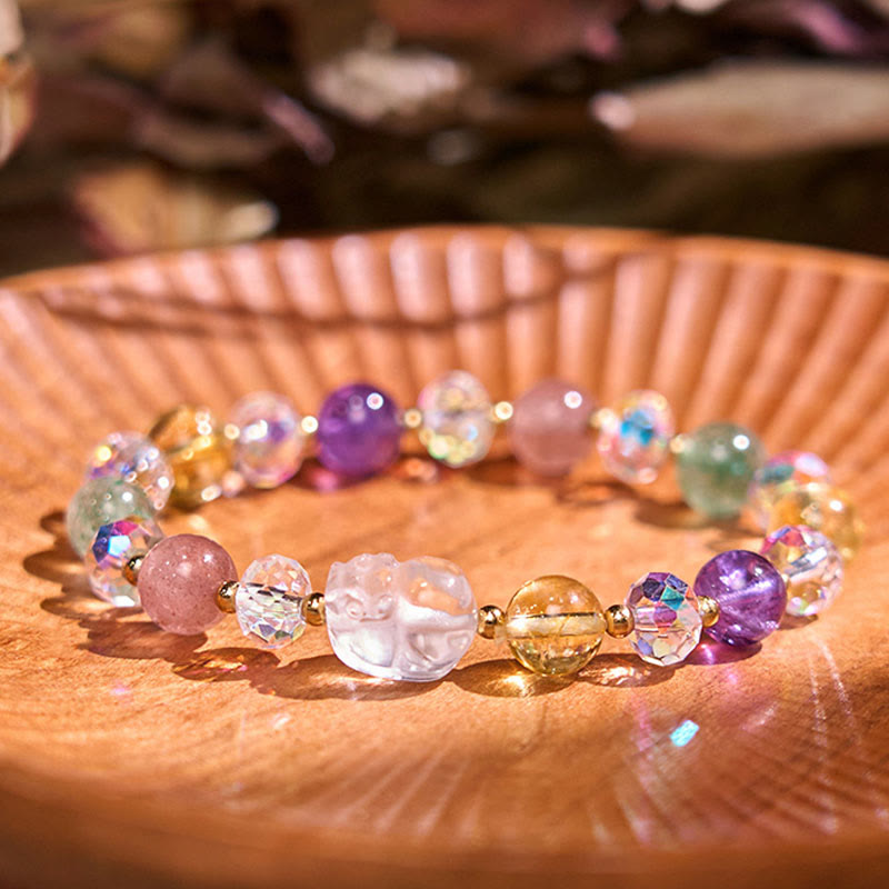 Buddha Stones貔貅 ホワイトクリスタル シトリン グリーンストロベリークォーツ アメジスト幸運ブレスレット