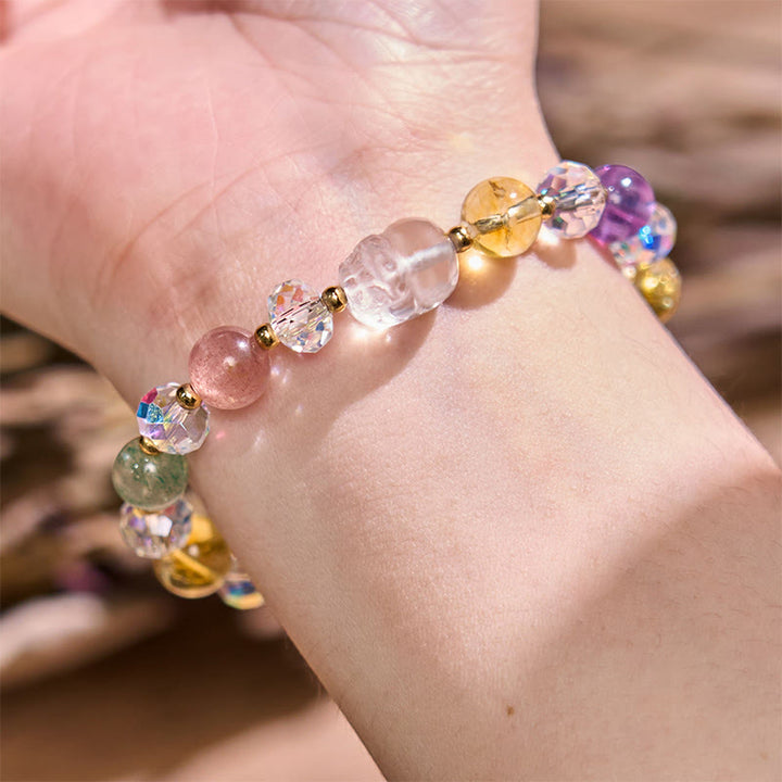 Buddha Stones貔貅 ホワイトクリスタル シトリン グリーンストロベリークォーツ アメジスト幸運ブレスレット