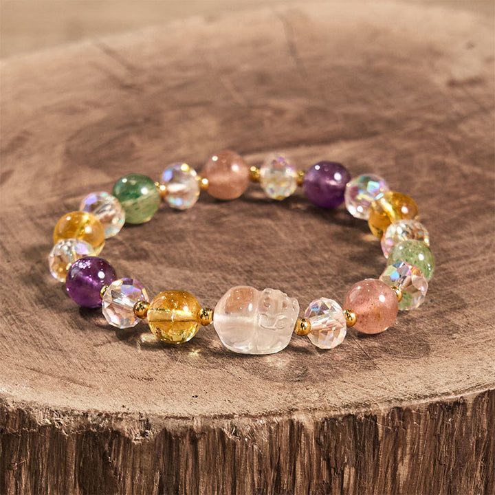 Buddha Stones貔貅 ホワイトクリスタル シトリン グリーンストロベリークォーツ アメジスト幸運ブレスレット