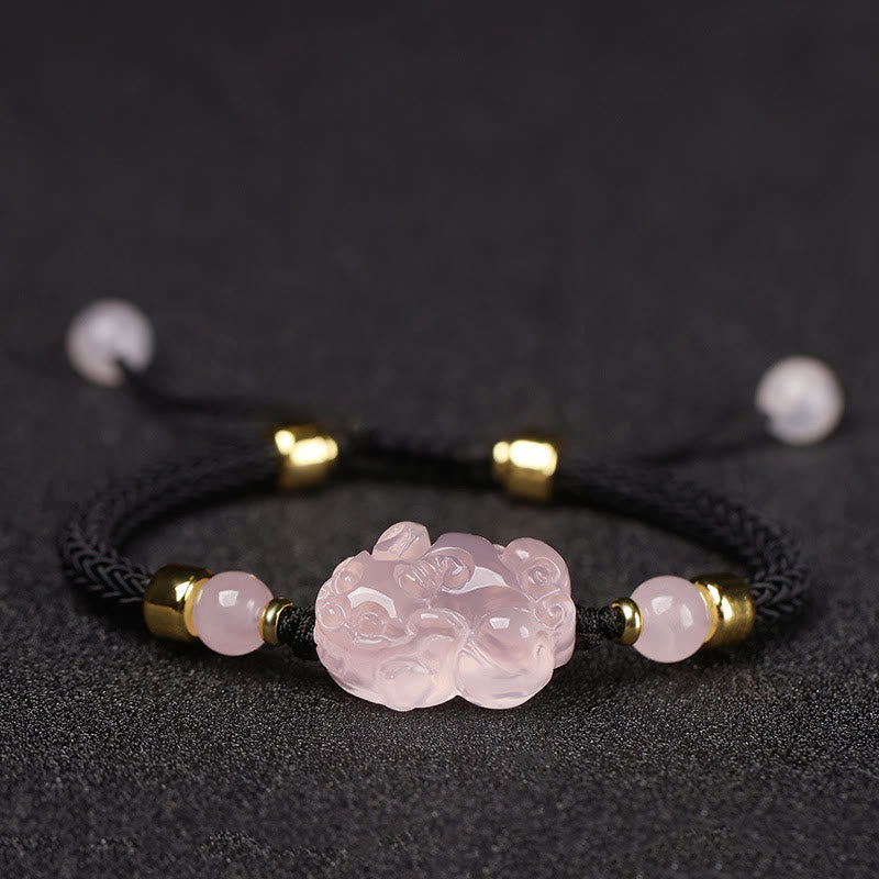 Buddha Stones貔貅 ピンク水晶 富の紐 編み込みブレスレット