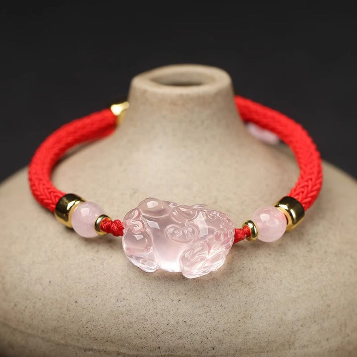 Buddha Stones貔貅 ピンク水晶 富の紐 編み込みブレスレット