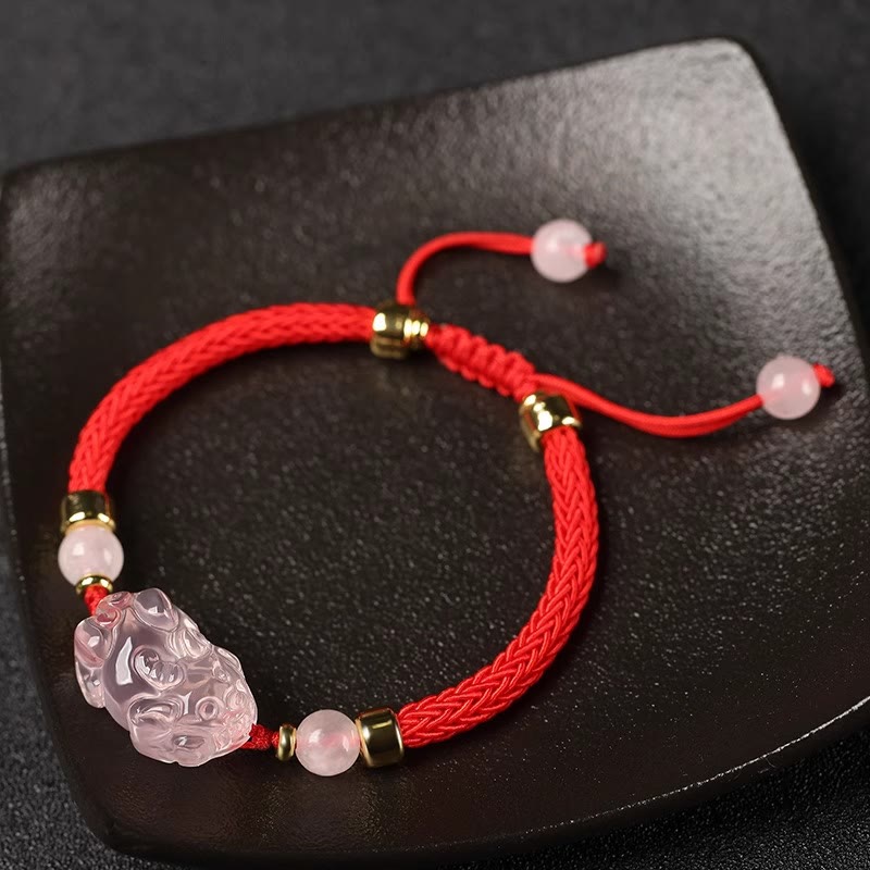 Buddha Stones貔貅 ピンク水晶 富の紐 編み込みブレスレット