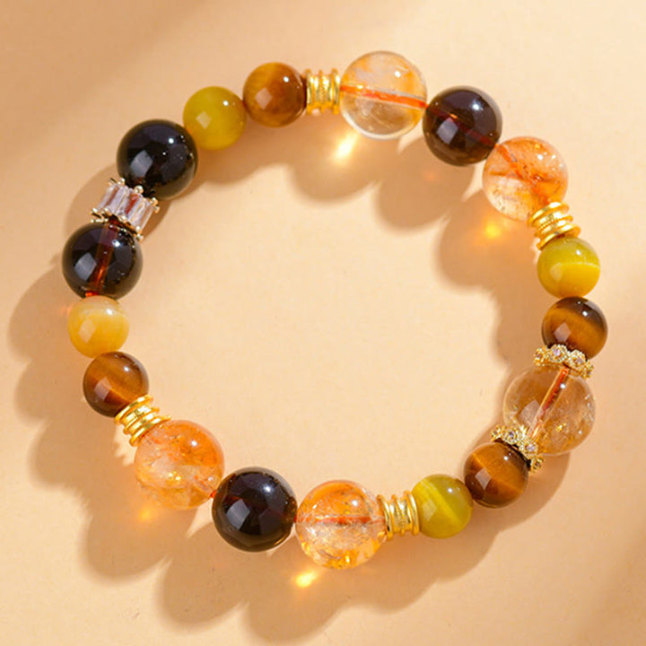 Buddha Stones天然シトリンスモーキークォーツタイガーアイドゥバオクリスタル繁栄ブレスレット