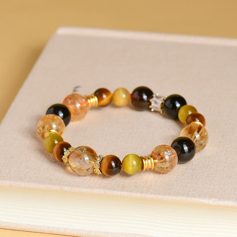 Buddha Stones天然シトリンスモーキークォーツタイガーアイドゥバオクリスタル繁栄ブレスレット
