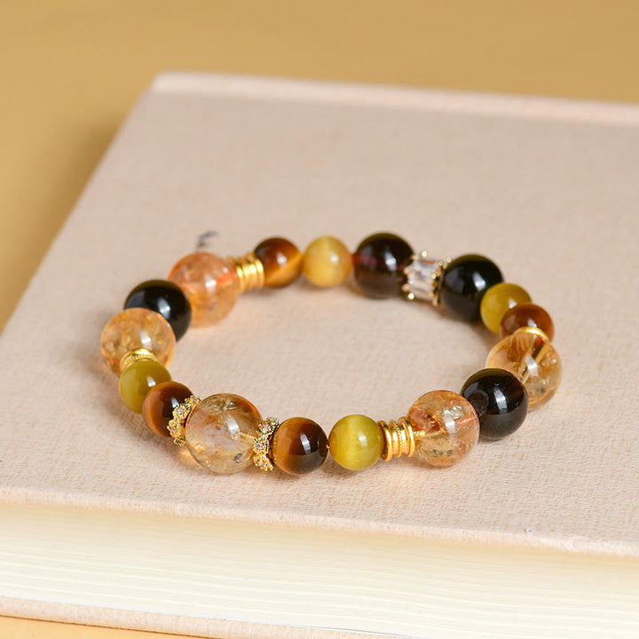 Buddha Stones天然シトリンスモーキークォーツタイガーアイドゥバオクリスタル繁栄ブレスレット