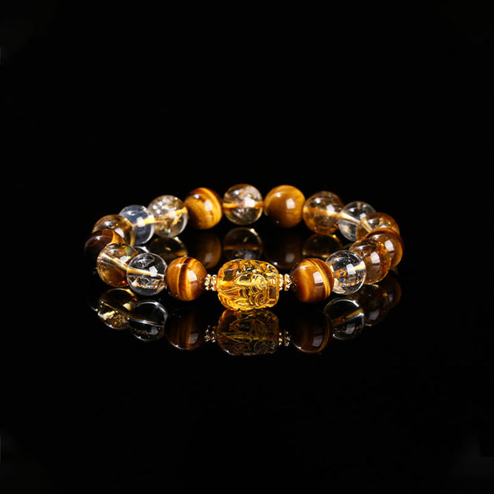 Buddha Stones天然イエロータイガーアイ シトリン 蜜蝋PiXiu強さブレスレット